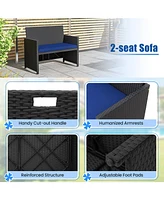 Gouun 4 Piece Outdoor Dining Set with Wood Topped Dining Table Rattan Loveseat Chair and 2 Ottomans