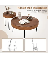 Gouun Set of 2 Boho Round Table with Solid Pine Wood Top and Metal Legs