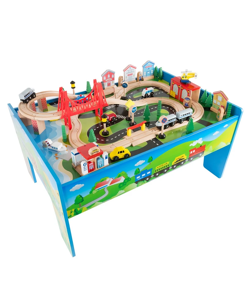 Hey Play 75-Piece Wooden Train Set with Play Table