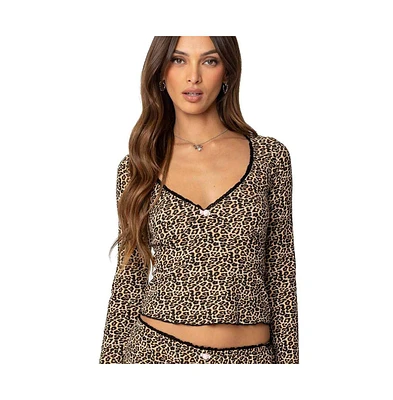 Edikted Womens Lue Leopard Printed Ribbed V Neck Top