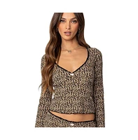 Edikted Women's Lue Leopard Printed Ribbed V Neck Top