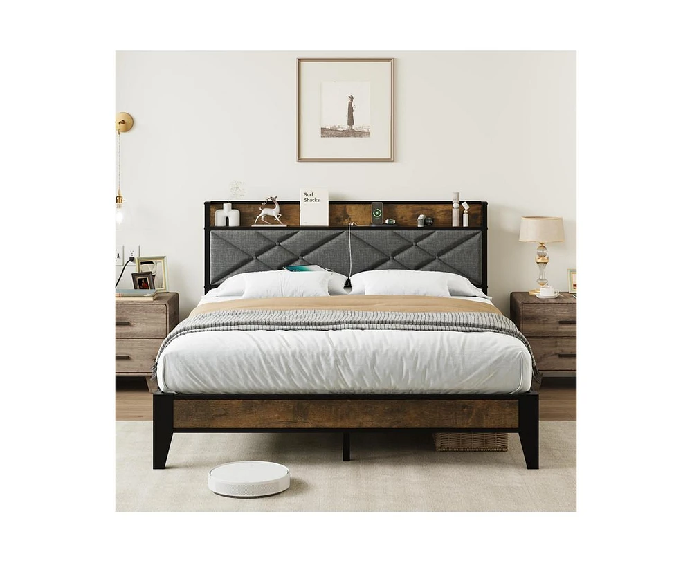 gaomon Full Size Bed Frame with Headboard, Charging Station and Storage Shelf, Sturdy Metal Slats Support, No Box Spring Need, Easy Assembly