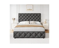 gaomon Queen Bed Frame with 4 Storage Drawers, Linen Upholstered Platform Adjustable Headboard, Diamond Stitched Button Tufted, No