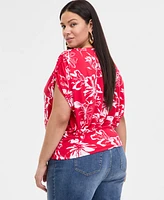 INC Plus Printed Ruched Surplice-Neck Top, Exclusively at Macy's