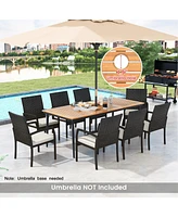9-Piece Patio Dining Set with Umbrella Hole and 8 Rattan-woven Dining Chairs with Seat Cushions
