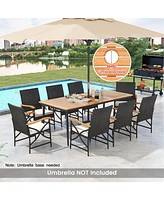 79 Inch Outdoor Acacia Wood Dining Table and 8 Rattan-woven Dining Chairs with Umbrella Hole