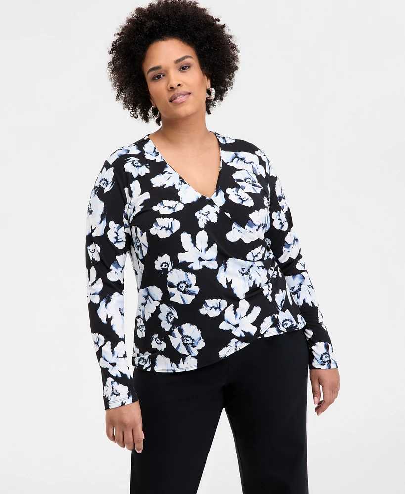 INC Plus Printed Dolman-Sleeve Surplice-Neck Top, Exclusively at Macy's