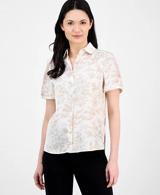 Anne Klein Women's Floral-Print Short-Sleeve Collared Blouse