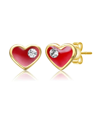 GiGiGirl Sterling Silver 14K Gold Plated Clear Cubic Zirconia & Red Enamel Heart Stud Earrings