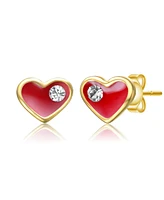 GiGiGirl Sterling Silver 14K Gold Plated Clear Cubic Zirconia & Red Enamel Heart Stud Earrings