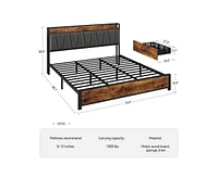 gaomon King Size Bed Frame with Storage Linen Upholstered Headboard, 4 Drawers Platform Bed Frame with Charging Station, No Box Spring Needed