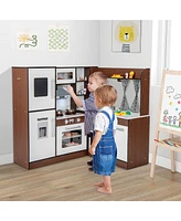 Gymax Wooden Corner Play Kitchen w/ Lights & Sounds Water Circulation System for Kids