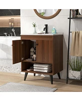 Gymax 25 Inch Wooden Bathroom Vanity Sink Combo with Open Shelf & Sink & Pop Up Drain