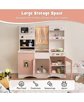 Gymax Kids Play Kitchen Pretend Playset w/ 2 Curtains & 16 Pcs Play Accessories Pink