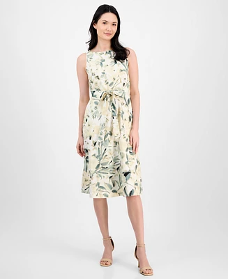 Anne Klein Women's Floral-Print Tie-Waist Sleeveless Dress