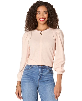 Democracy Petite Crewneck Crochet Long-Sleeve Top