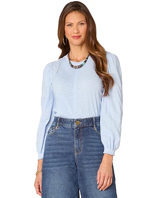 Democracy Petite Crewneck Crochet Long-Sleeve Top