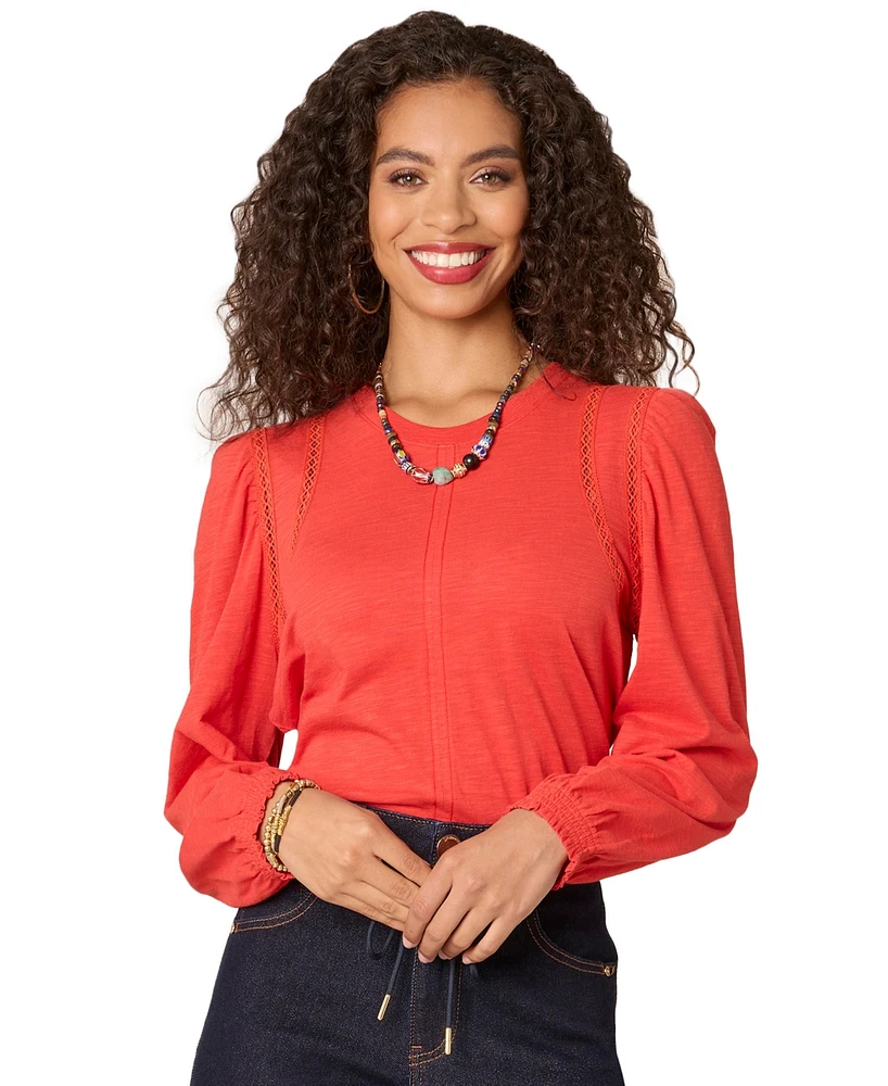 Democracy Petite Crewneck Crochet Long-Sleeve Top