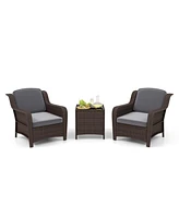 Gouun 3 Pieces Outdoor Rattan Furniture Set with Cushions and Tempered Glass Table