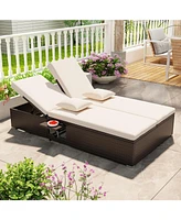 Gouun Patio Double Chaise Lounge with Cushions and Folding Side Trays