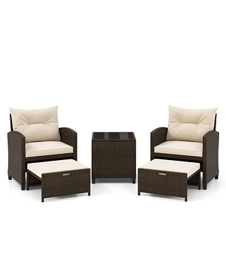 Gouun 5 Pieces Patio Rattan Furniture with 2 Ottomans and Tempered Glass Table