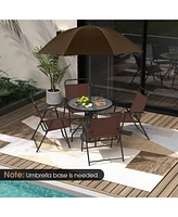 Gouun 6 Pieces Patio Dining Set Folding Chairs Glass Table Tilt Umbrella for Garden