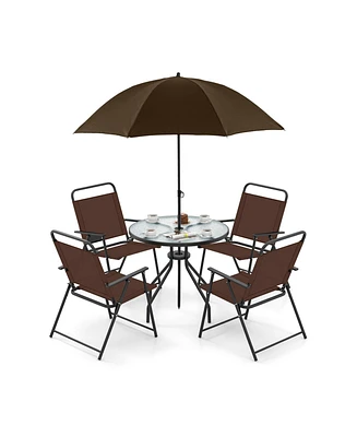 Gouun 6 Pieces Patio Dining Set Folding Chairs Glass Table Tilt Umbrella for Garden