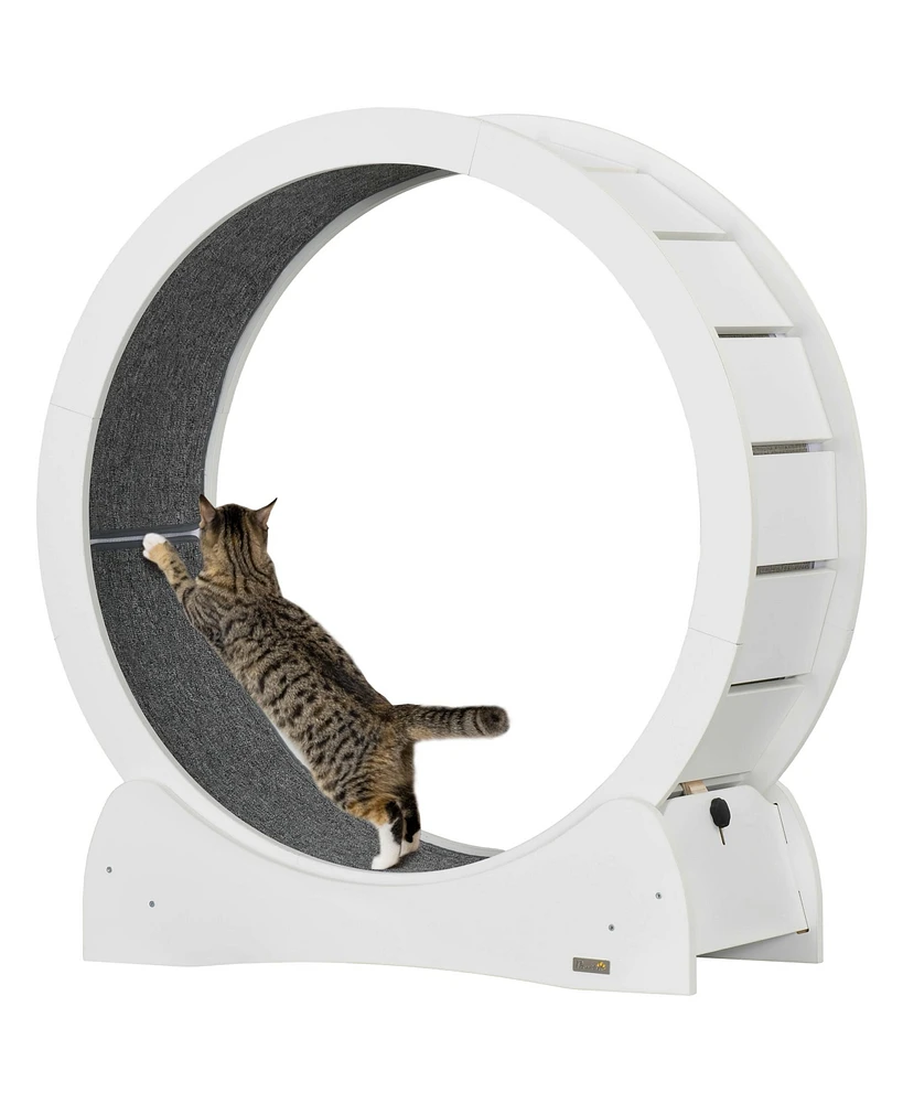 PawHut 39" Cat Exercise Wheel Treadmill with Brake, Carpet, Natural Wood