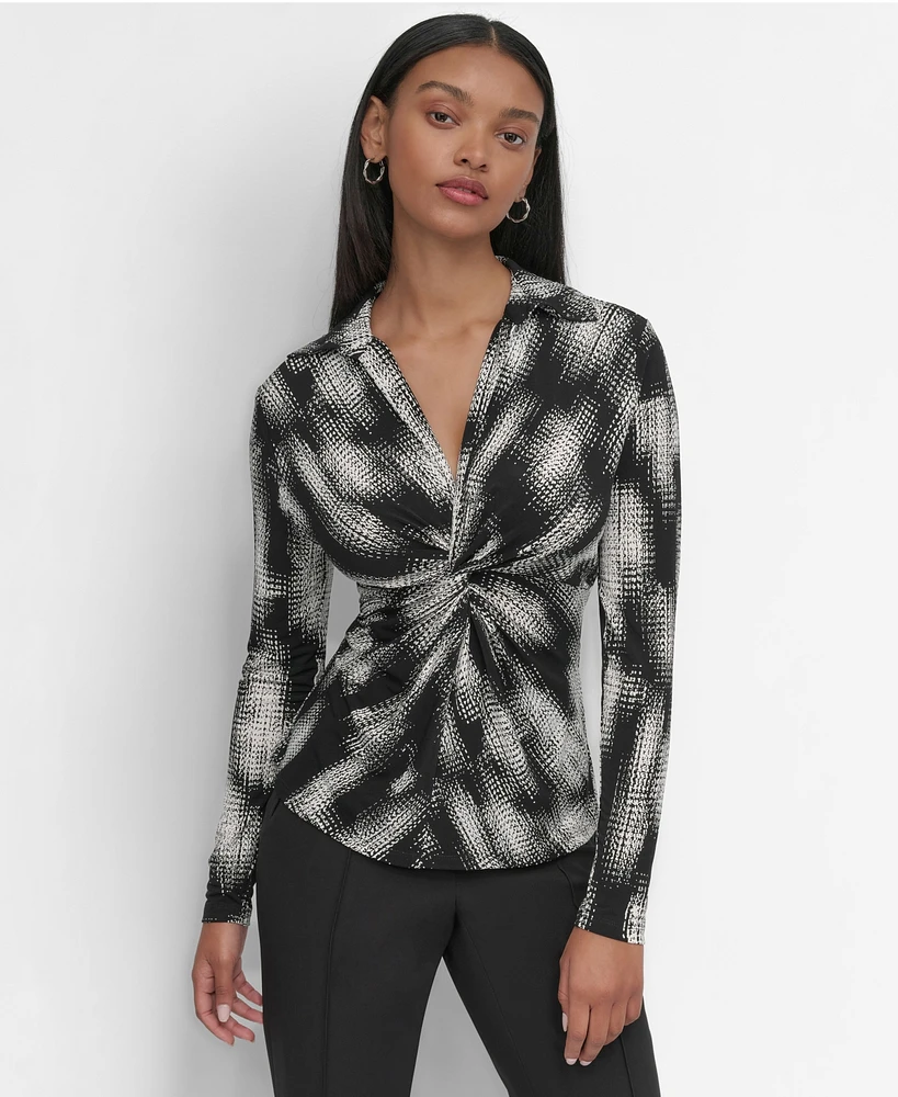 Dkny Petite Twist-Front Collared Abstract-Print Top