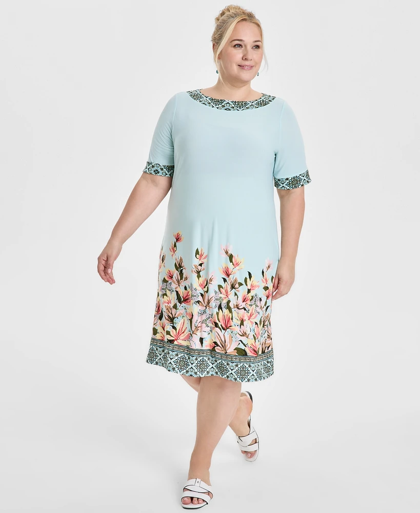Jm Collection Plus Border-Print Short-Sleeve Shift Dress, Exclusively at Macy's