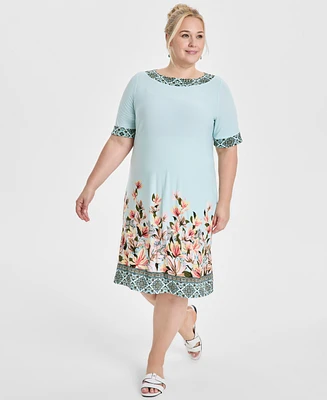 Jm Collection Plus Border-Print Short-Sleeve Shift Dress, Exclusively at Macy's