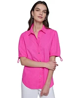 Karl Lagerfeld Paris Women's Linen-Blend Bungee-Sleeve Button-Front Top, Regular & Petite