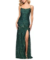 Blondie Nites Juniors' Sequined Cutout Lace-Up-Back Gown