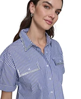 Karl Lagerfeld Paris Women's Embellished Poplin Striped Button-Front Top, Regular & Petite