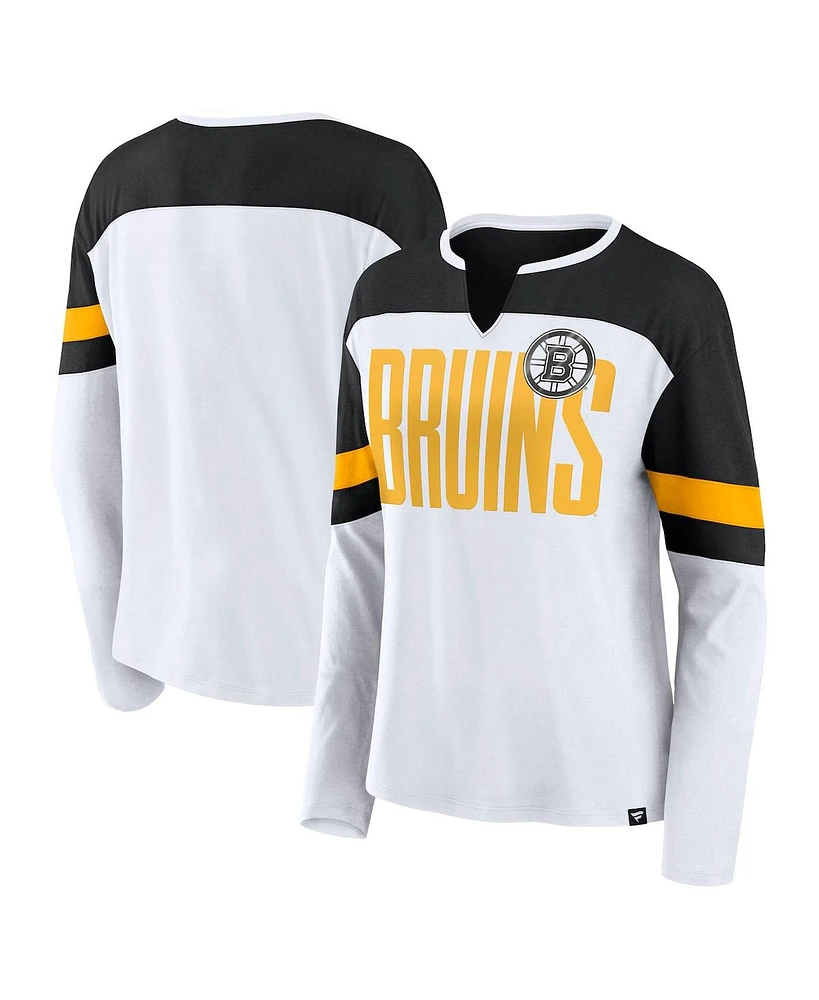 Fanatics Women's White Boston Bruins Frozen Long Sleeve Notch Neck T-Shirt