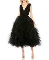 Mac Duggal Women's Ruffled Cap Sleeve V-Neck A Line Tulle Dress