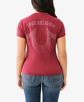 True Religion Women's Crystal Horseshoe V Neck T-shirt