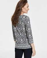 Jm Collection Women's Printed Jacquard 3/4-Sleeve Top, Exclusively at Macy's