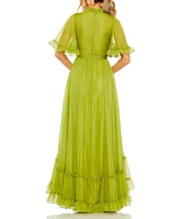 Women's Ruffled High Neck Flutter Sleeve Low Hem Gown