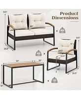 Gouun 4 Pieces Patio Conversation Set with Acacia Wood Armrests and Tabletop and Cushions