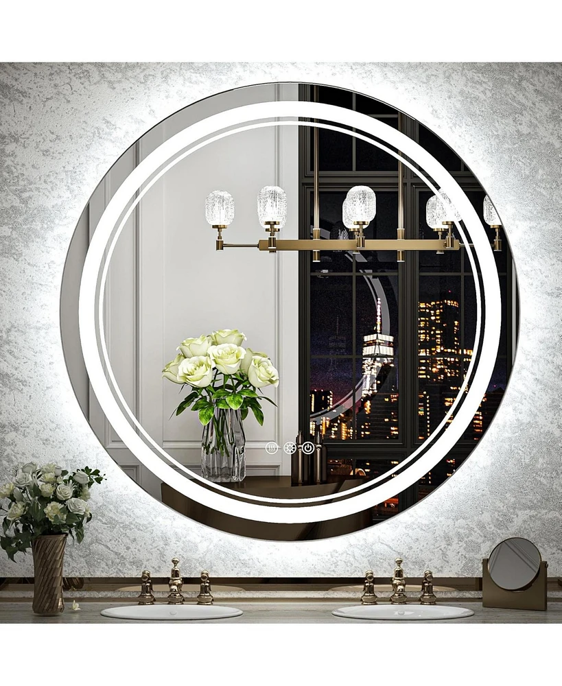 keonjinn Modern Round Illuminated Dimmable Led Frontlit&Backlit Makeup Bathroom Vanity Mirror Anti-Fog