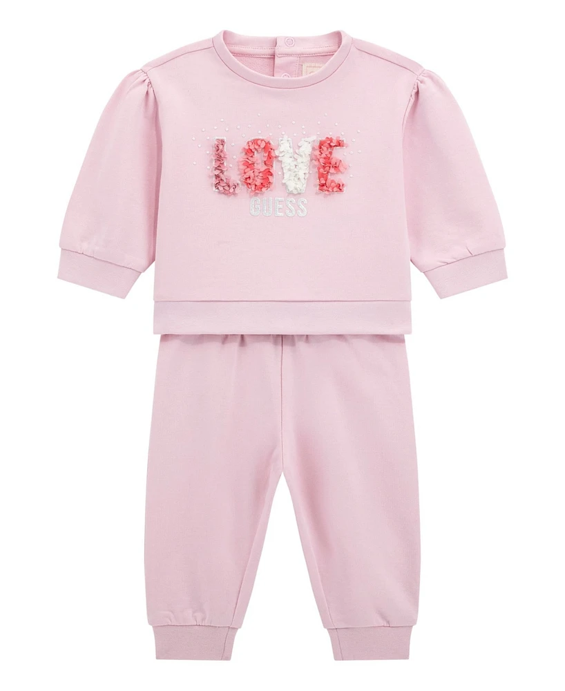 Guess Baby Girl Crewneck Top with Flower Petal Detailing and Matching Pant, 2-Piece Set