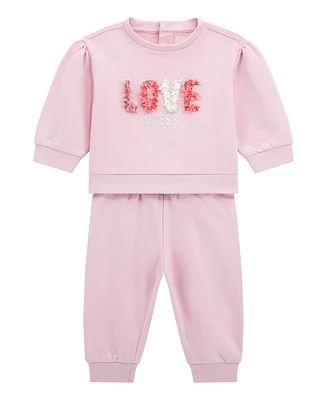 Guess Baby Girl Crewneck Top with Flower Petal Detailing and Matching Pant, 2-Piece Set