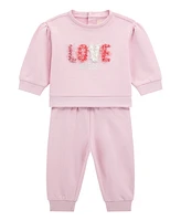 Guess Baby Girl Crewneck Top with Flower Petal Detailing and Matching Pant, 2-Piece Set