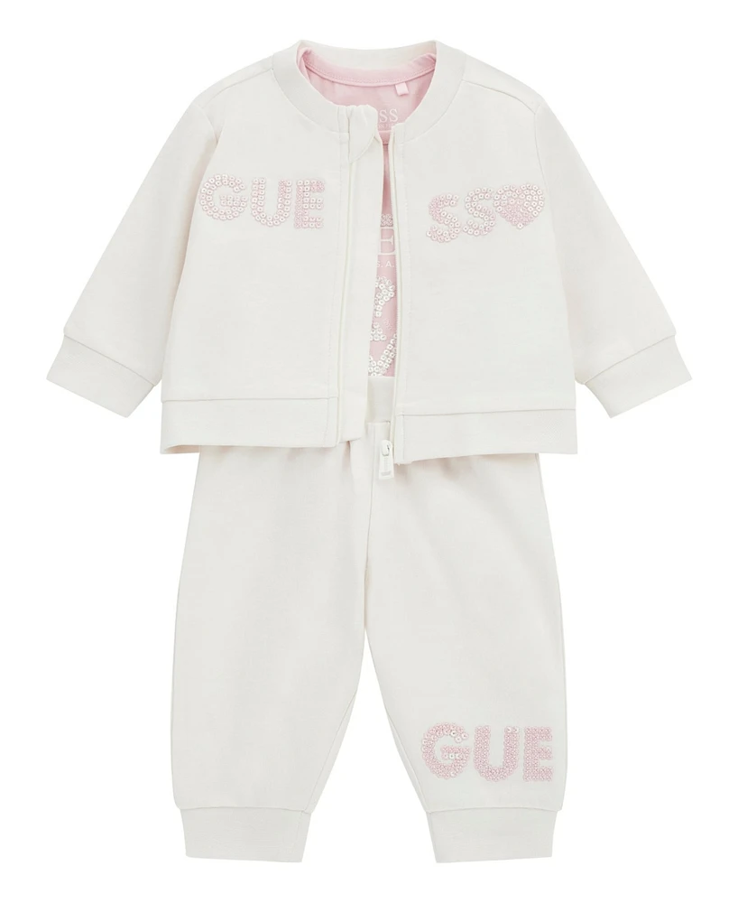 Guess Baby Girl Short Sleeve Bodysuit, Active Zip-Up Sweatshirt, and Pant, 3-Piece Set