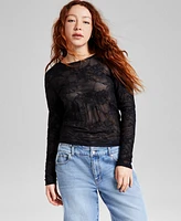 And Now This Women's Floral Crewneck Long-Sleeve Mesh Top, Exclusively at Macy's