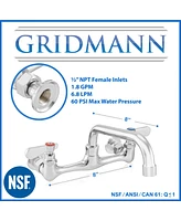 Gridmann Commercial Wall Mount Sink Faucet, 8" Center with 8" Swivel Spout, Nsf, Dual Lever Handles, Brass Construction, Chrome Polished Finish