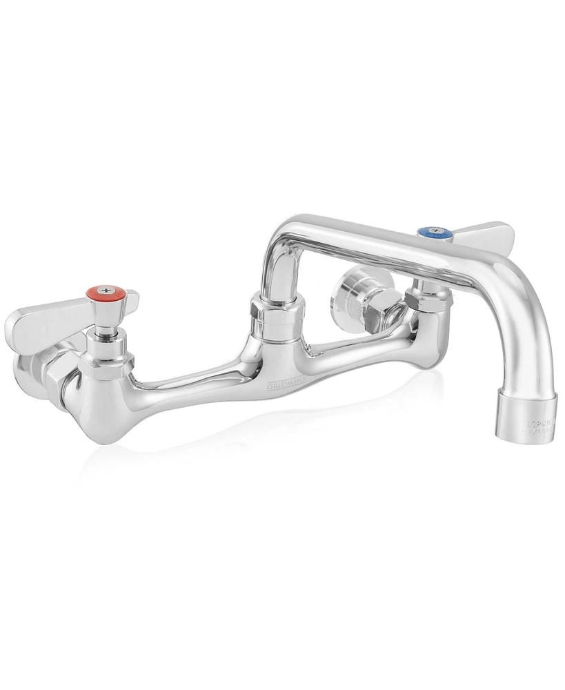 Gridmann Commercial Wall Mount Sink Faucet, 8" Center with 10" Swivel Spout, Nsf, Dual Lever Handles, Brass Construction, Chrome Polished Finish