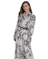 Halston Women's Printed Belted Long-Sleeve A-Line Dress