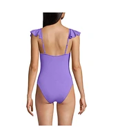 Lands' End Women's Ruffle V-neck High Leg One Piece Swimsuit